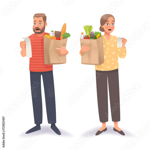 Shocked man and woman with a cash receipt and a bag of groceries are surprised by the high prices of goods due to inflation