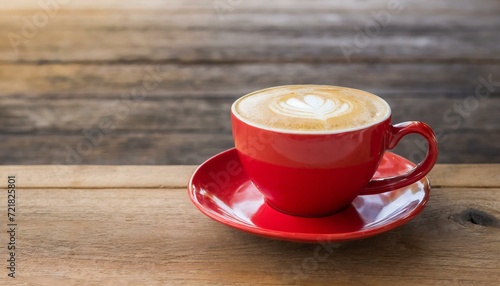 Sip and Savor: Hot Cappuccino in Red Cup on Wooden Table