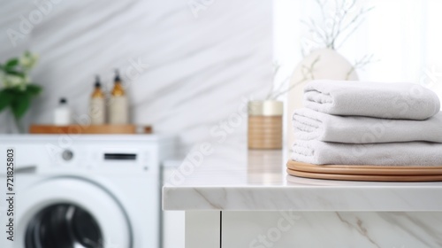 A clean and bright laundry room featuring a modern washing machine, folded towels, and bathroom accessories on a marble countertop. © red_orange_stock