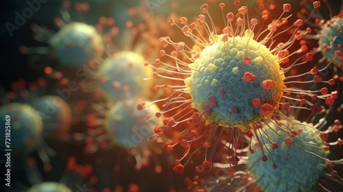A vibrant 3D rendering capturing the essence of a viral infection at the microscopic level, with highlighted viral spikes.