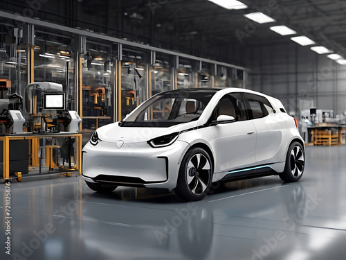 The futuristic factory uses advanced technology to automate the production of smart EV cars with AR-controlled robots Copy space image Places for adding text or design