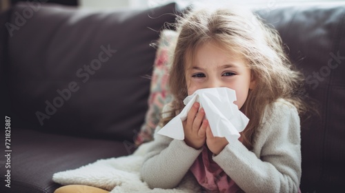 A little girl with messy hair and a cozy sweater blows her nose into a tissue on a couch, indicating flu or cold symptoms.