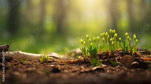 Fototapeta Naklejka Na Ścianę i Meble -  Young green shoots emerging from the forest floor, bathed in warm sunlight filtering through trees.