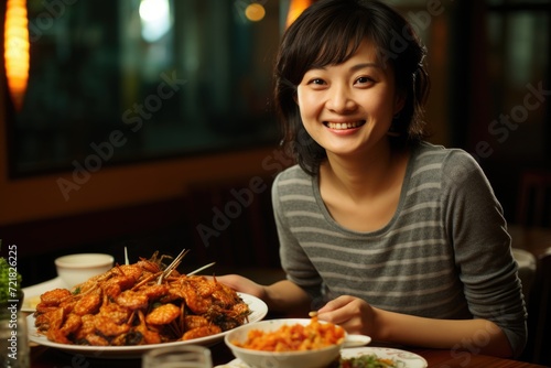 Happy asian woman eating dinner. ai generated