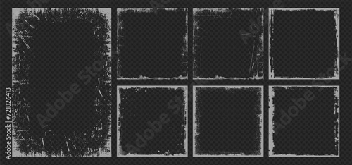Vector grunge overlay frame set with ink brush stroke and torn paper effect. Vintage grungy paper overlay texture with paint brush art. Dirty photo frame pattern for social media business template. photo