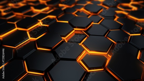 Close-up of hexagonal shapes with an orange neon glow evoking a high-tech honeycomb structure.