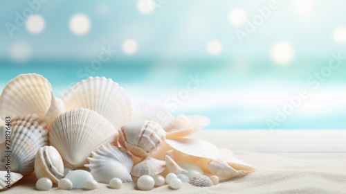 Collection of seashells arranged on a sandy shore with a shimmering turquoise ocean background.