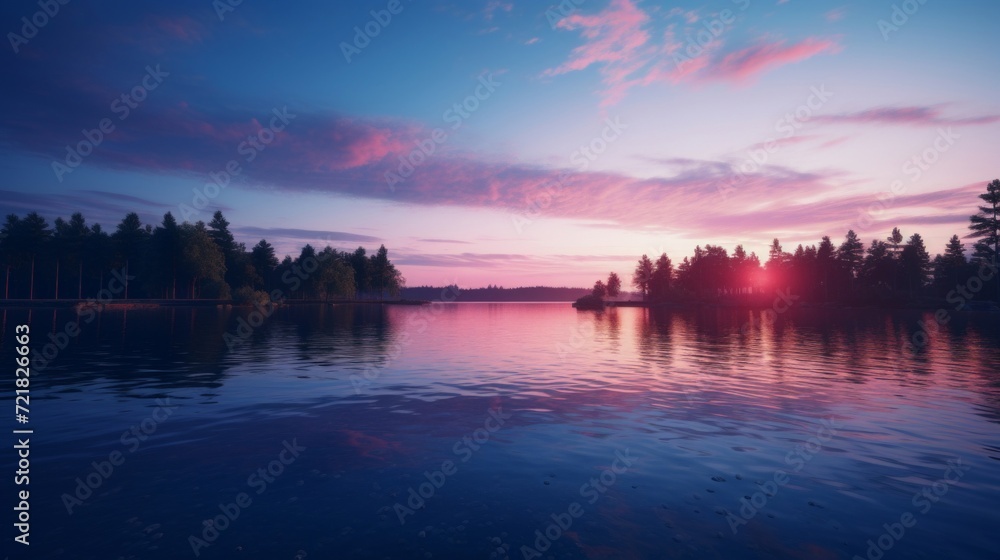 The serene scene of a calm lake at sunset, with the silhouette of a forest and pink-hued clouds reflected in the water.