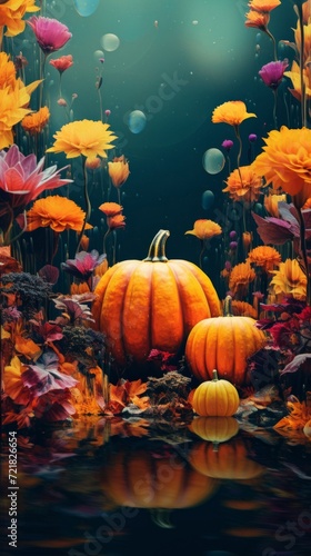 An artistic representation of fall, featuring pumpkins surrounded by vibrant flowers and reflected on a water surface.