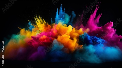 Vivid multi-colored powder explosion captured in a dynamic composition against a dark background, symbolizing energy and creativity.
