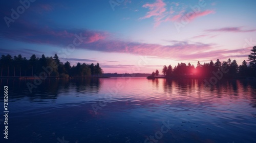 The serene scene of a calm lake at sunset  with the silhouette of a forest and pink-hued clouds reflected in the water.