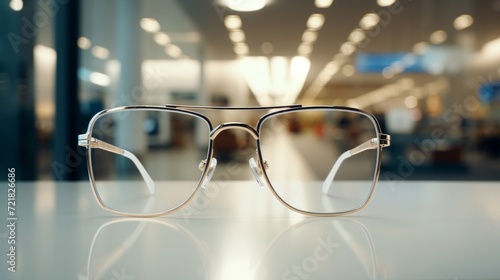 Stylish eyeglasses with clear lenses on a reflective surface in a bright, contemporary setting.
