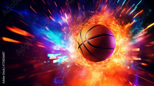 A dynamic image capturing a basketball engulfed in flames and blue smoke, conveying motion and intensity.