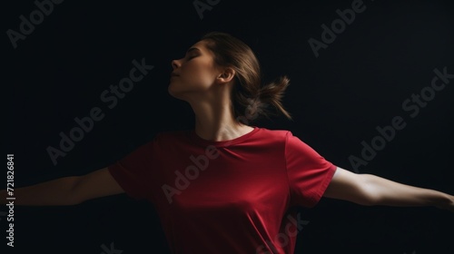 A woman in a red shirt with arms spread wide in a powerful, dark setting.