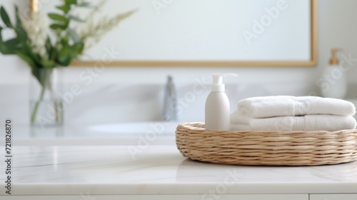 White towels on a woven basket  with a clean  elegant bathroom interior.