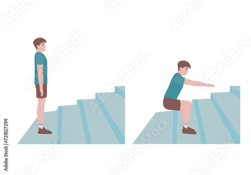 Stair workout: Exercises you can do at every staircase you find. Extend arms in front and level with the shoulders. Slowing bending at the hips and lower down to sit on the chair. with Squats posture.