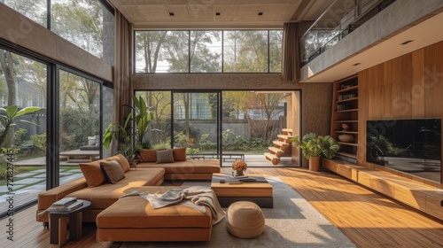 Salon moderne avec vue sur la nature, intégrant harmonieusement l'intérieur et l'extérieur © jp