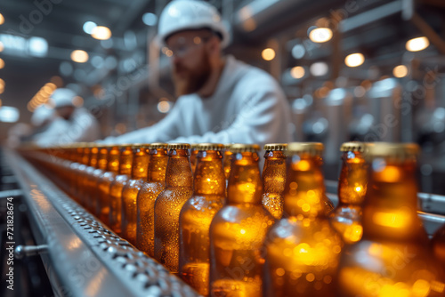 Conveyor with beer bottles at the brewery, a worker in a helmet controls the process