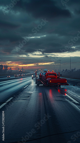 Tow truck transporting a broken car on the highway, embodying a car service transportation concept © Saran
