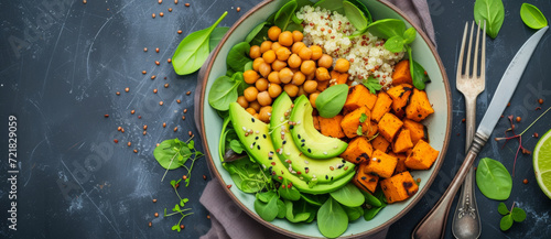 Wholesome and vibrant: A buddha bowl filled with roasted sweet potatoes, chickpeas, avocado, and quinoa sprinkled with sesame, on a dark, textured background