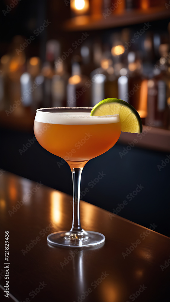 margarita cocktail with lime stands on the bar counter in a nightclub, generative AI margarita cocktail with lime stands on the bar counter in a nightclub, generative AI