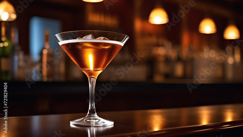 glass of martine on the bar counter in a dark nightclub setting