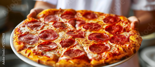 Sizzling delight: A fresh pepperoni pizza served hot, its cheesy goodness and crisp crust promise a slice of gastronomic joy