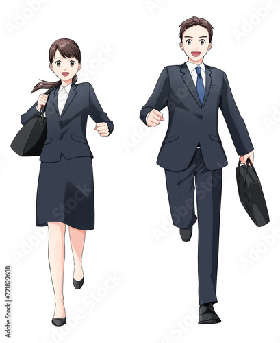 走るスーツ姿の若い男女　正面