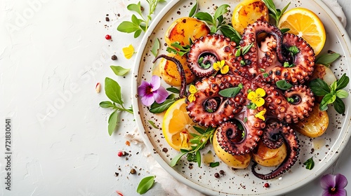 Top view of smoked octopus served in a plate with a big copy space, served with lemon and other staffs, Generative AI.