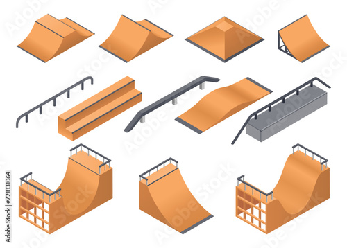 Rollerdrome construction skate park for skateboard jumping stunts set realistic vector illustration