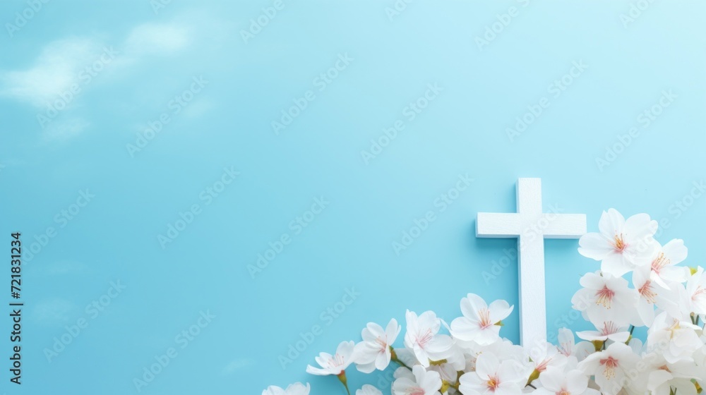 A white Christian cross surrounded by delicate white blossoms against a serene blue background, symbolizing faith and purity. A white Christian cross surrounded by delicate white blossoms against a serene blue background, symbolizing faith and purity.