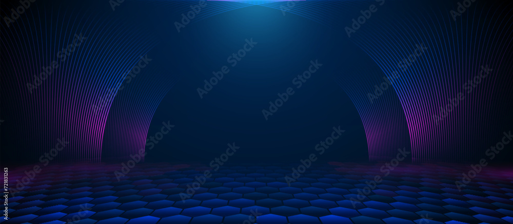 Abstract technology concept in empty theatre stage. Empty stage with neon lighting. Modern minimal lines pattern - obrazy, fototapety, plakaty 