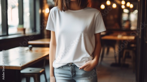 Fashionable young woman in a blank white t-shirt and jeans standing in a trendy café environment. © red_orange_stock