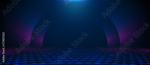 Abstract technology concept in empty theatre stage. Empty stage with neon lighting. Modern minimal lines pattern