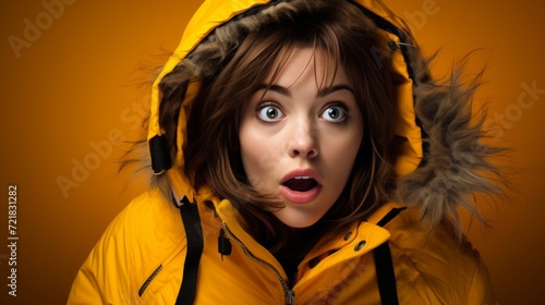 A woman expresses surprise while wearing a bright yellow winter jacket with a fur-lined hood against a yellow background.