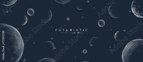 Abstract white Spheres in a dark background. Abstract planet in space. Abstract molecule. Low poly wireframe, lines. Illustration vector