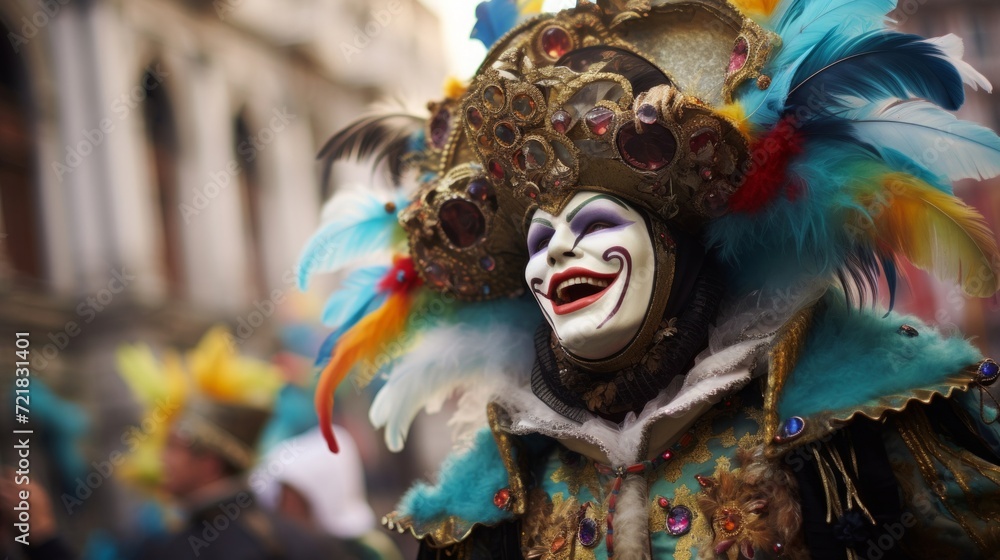 Elaborate Venetian mask with a jester design and plumes at a traditional festival in Venice.