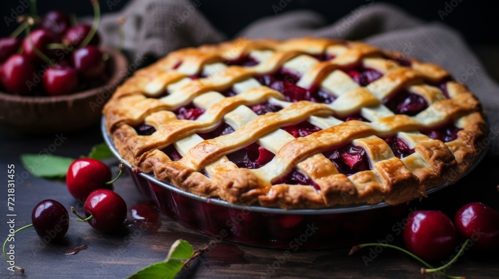 Freshly baked cherry pie with lattice crust, surrounded by raw cherries, on a rustic kitchen table.