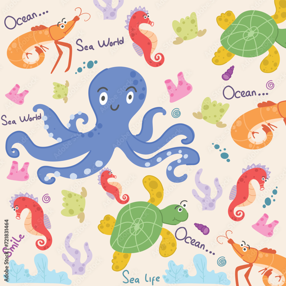 vector sea animals with cute style seamless pattern