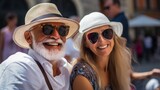 An elderly couple with stylish hats and sunglasses sharing a joyful moment in a bustling city setting.