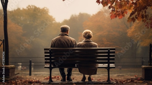 A serene elderly couple sits together on a park bench, enjoying a quiet autumn day surrounded by fall foliage.