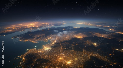 Aerial nighttime view of sprawling city lights with mountains and coastlines under a starry sky.