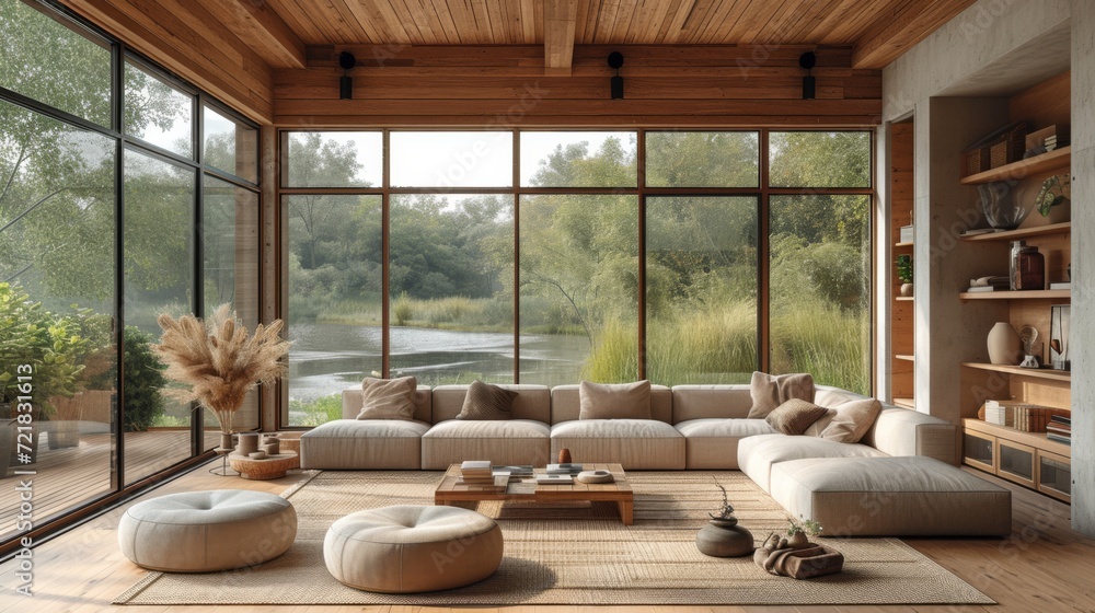 Fototapeta premium Salon moderne avec vue sur la nature, intégrant harmonieusement l'intérieur et l'extérieur