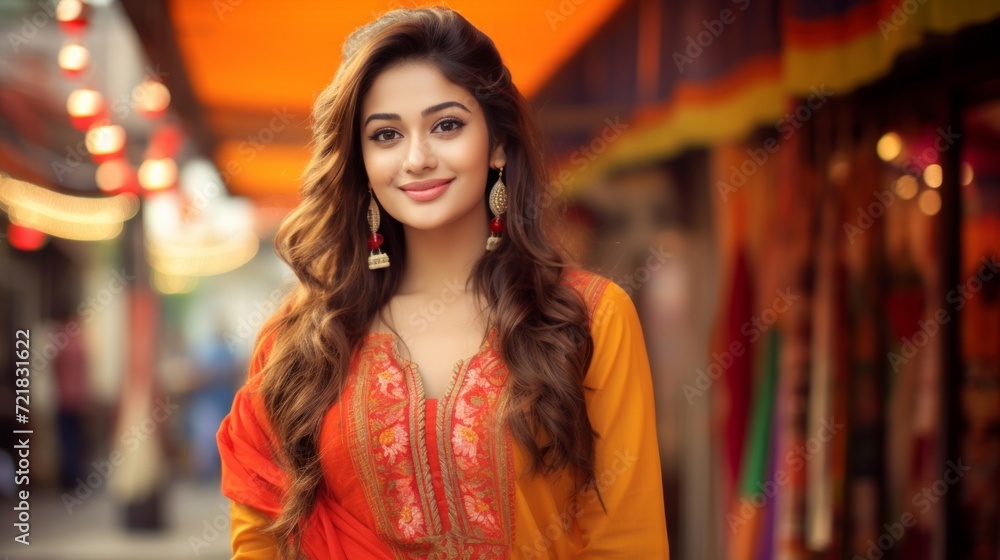 A graceful woman adorned in a vibrant orange traditional Indian dress with intricate embroidery, posing in a bustling market street.