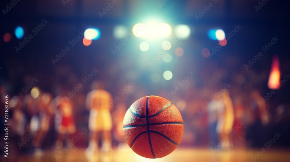 A basketball sits at center court under a dramatic spotlight with a blurred audience in the background.