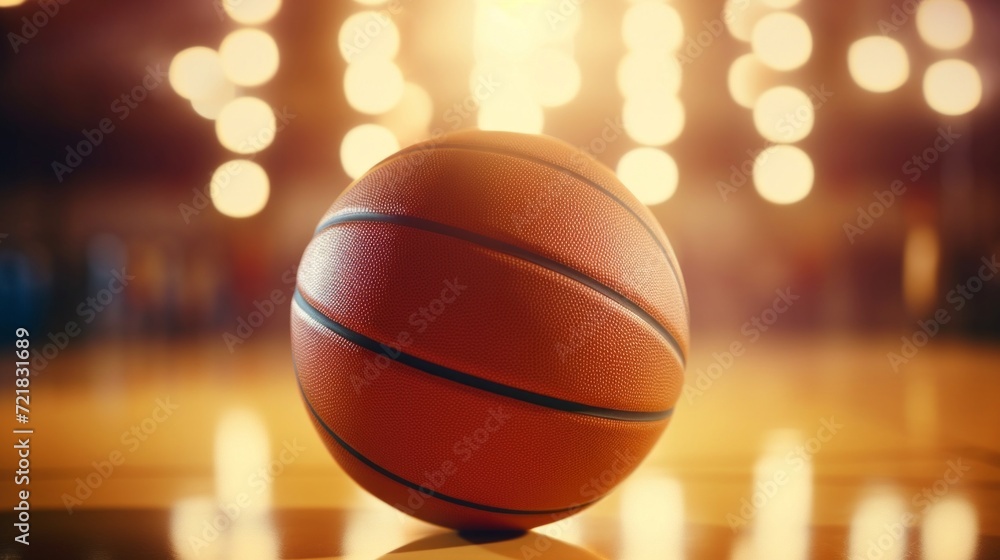Close-up of a basketball on a shiny indoor court with bright bokeh lights in the background.