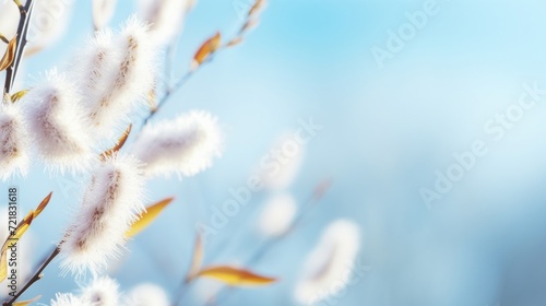 Soft pussy willow branches with fluffy white catkins reaching towards the serene blue sky of early spring.