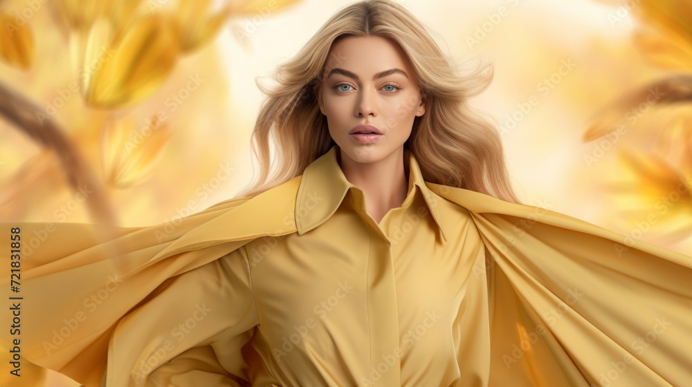 Elegant fashion model draped in a flowing golden silk dress with an autumnal leaves backdrop. Elegant fashion model draped in a flowing golden silk dress with an autumnal leaves backdrop.