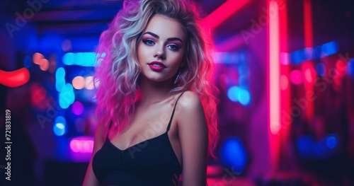 Attractive young woman posing confidently with neon lights in a modern nightclub setting.