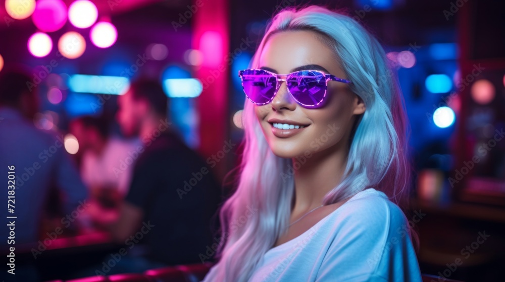 Fashionable young woman enjoying a night out at a vibrant, colorful nightclub. Fashionable young woman enjoying a night out at a vibrant, colorful nightclub.